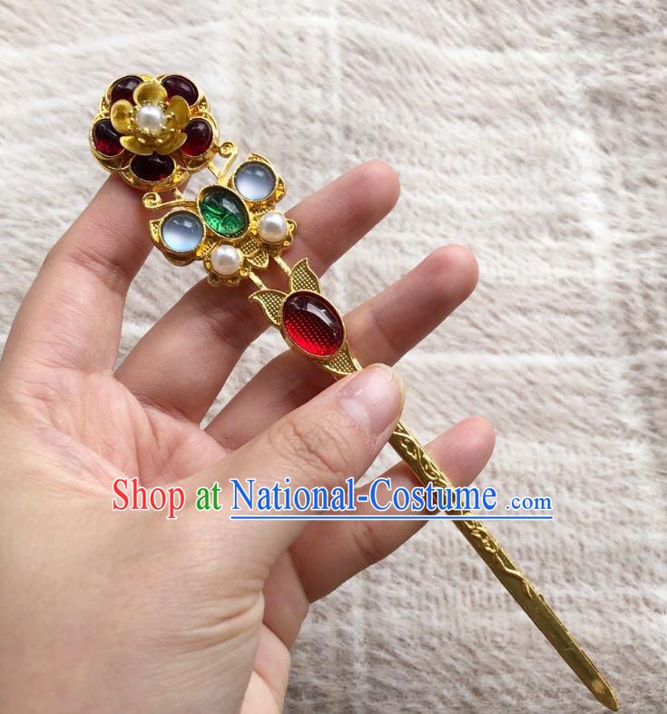 Chinese Ancient Empress Garnet Hairpins Hair Accessories Handmade Ming Dynasty Court Aquamarine Golden Hair Stick