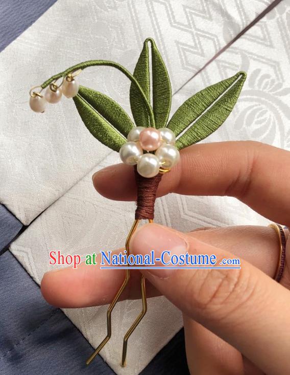 Chinese Ancient Court Lady Pearls Hairpins Hair Accessories Handmade Tang Dynasty Silk Leaf Hair Stick