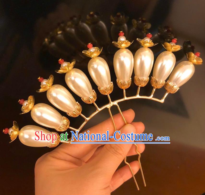 Chinese Ancient Court Empress Pearls Plum Hairpins Hair Accessories Handmade Ming Dynasty Palace Hair Stick