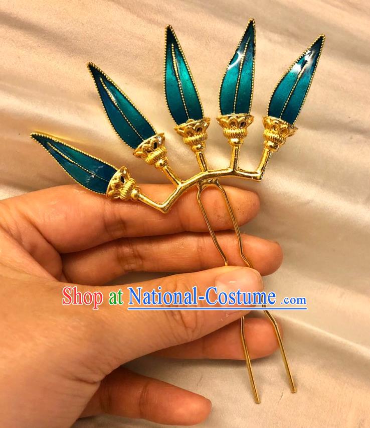 Chinese Ancient Court Empress Blueing Bamboo Leaf Hairpins Hair Accessories Handmade Ming Dynasty Palace Golden Hair Stick