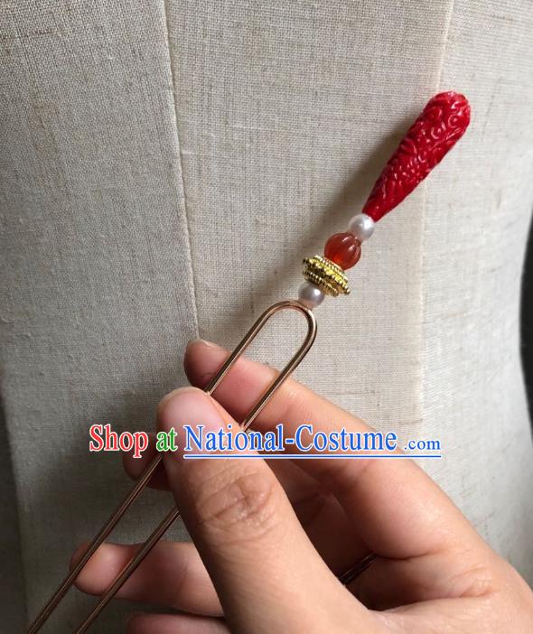 Chinese Ancient Empress Agate Hairpins Hair Accessories Handmade Ming Dynasty Court Red Hair Stick