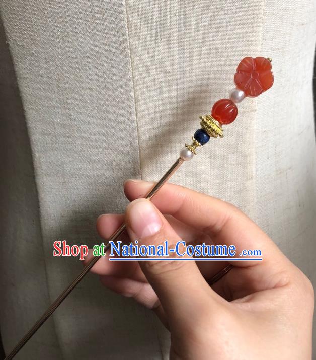 Chinese Ancient Empress Agate Plum Hairpins Hair Accessories Handmade Ming Dynasty Court Golden Hair Stick