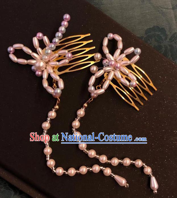 Chinese Ancient Palace Princess Hairpins Hair Accessories Handmade Ming Dynasty Court Pink Pearls Butterfly Tassel Hair Comb