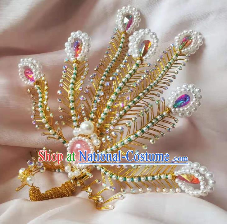 Chinese Ancient Imperial Concubine Golden Hairpins Hair Accessories Handmade Ming Dynasty Court Pink Crystal Phoenix Hair Crown