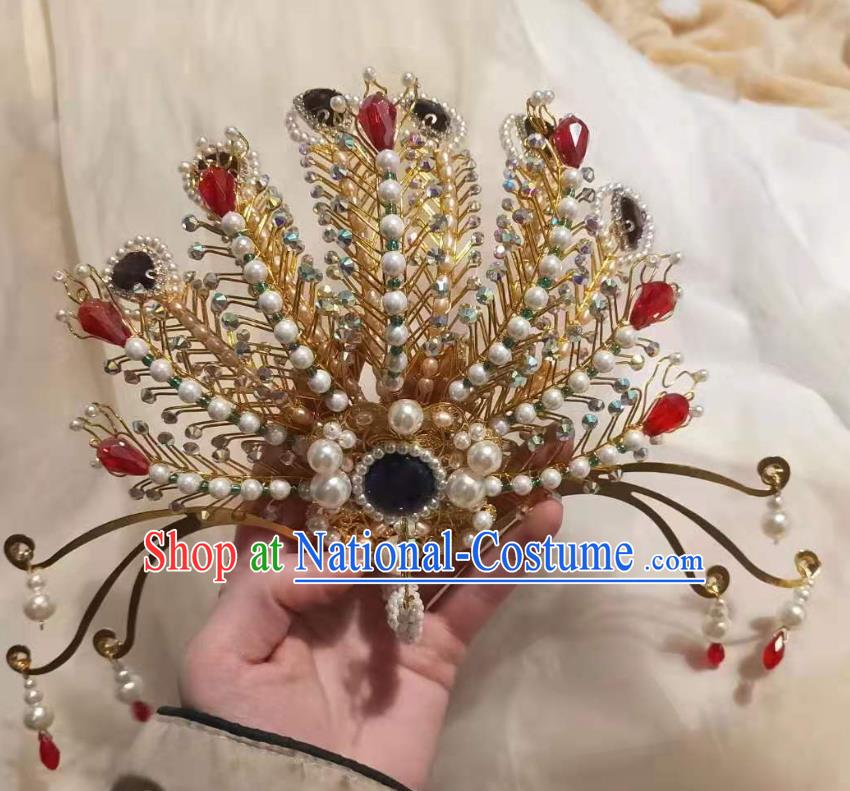 Chinese Ancient Imperial Empress Pearls Golden Hairpins Hair Accessories Handmade Ming Dynasty Court Phoenix Hair Crown