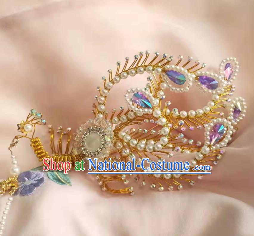 Chinese Ancient Imperial Empress Tassel Step Shake Hairpins Hair Accessories Handmade Ming Dynasty Court Golden Phoenix Hair Crown