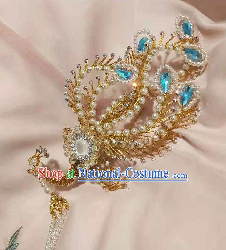 Chinese Ancient Imperial Empress Blue Crystal Phoenix Tassel Step Shake Hairpins Hair Accessories Handmade Ming Dynasty Court Golden Hair Crown