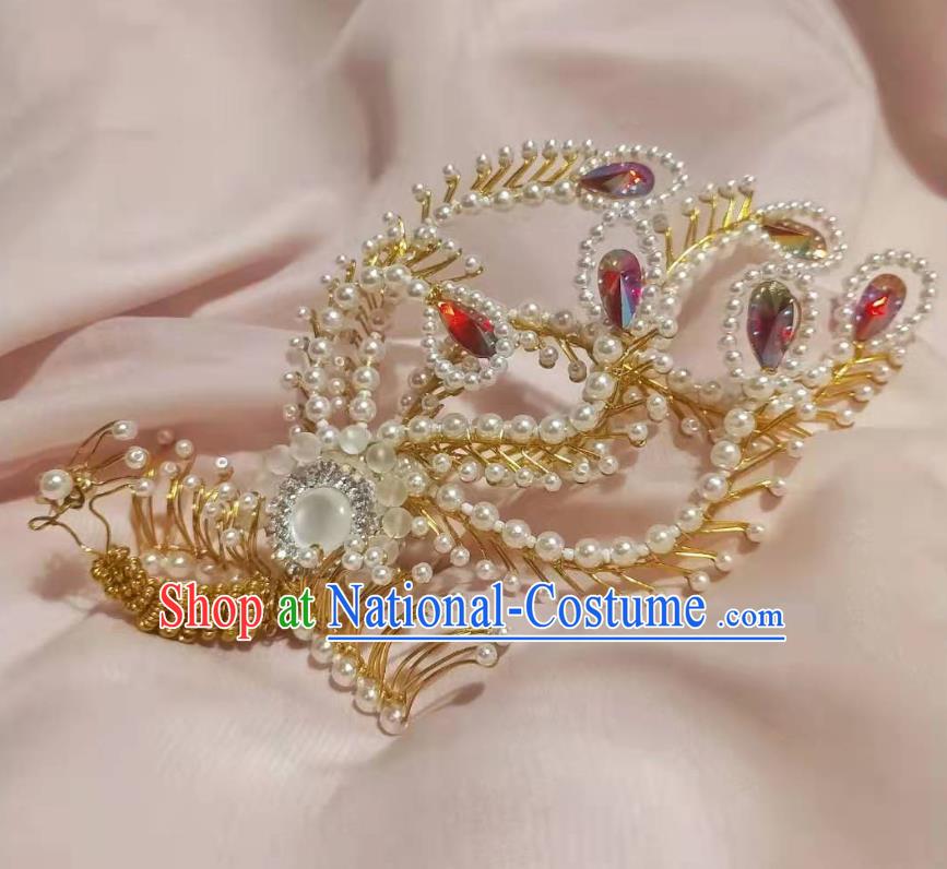 Chinese Ancient Imperial Empress Red Crystal Phoenix Hairpins Hair Accessories Handmade Ming Dynasty Court Golden Hair Crown