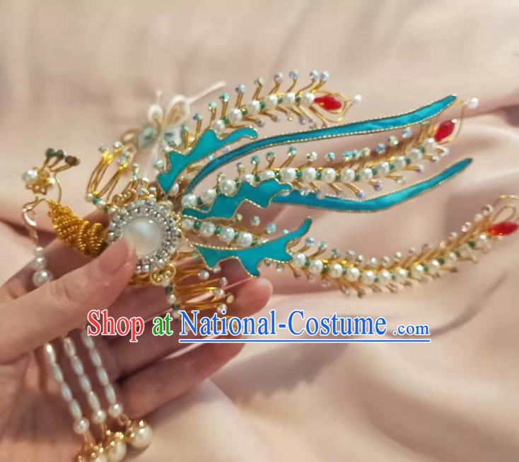 Chinese Ancient Imperial Empress Crystal Phoenix Hairpins Hair Accessories Handmade Ming Dynasty Court Golden Pearls Tassel Hair Crown