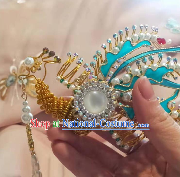 Chinese Ancient Imperial Empress Crystal Phoenix Hairpins Hair Accessories Handmade Ming Dynasty Court Golden Pearls Tassel Hair Crown