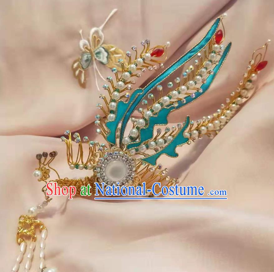 Chinese Ancient Imperial Empress Crystal Phoenix Hairpins Hair Accessories Handmade Ming Dynasty Court Golden Pearls Tassel Hair Crown