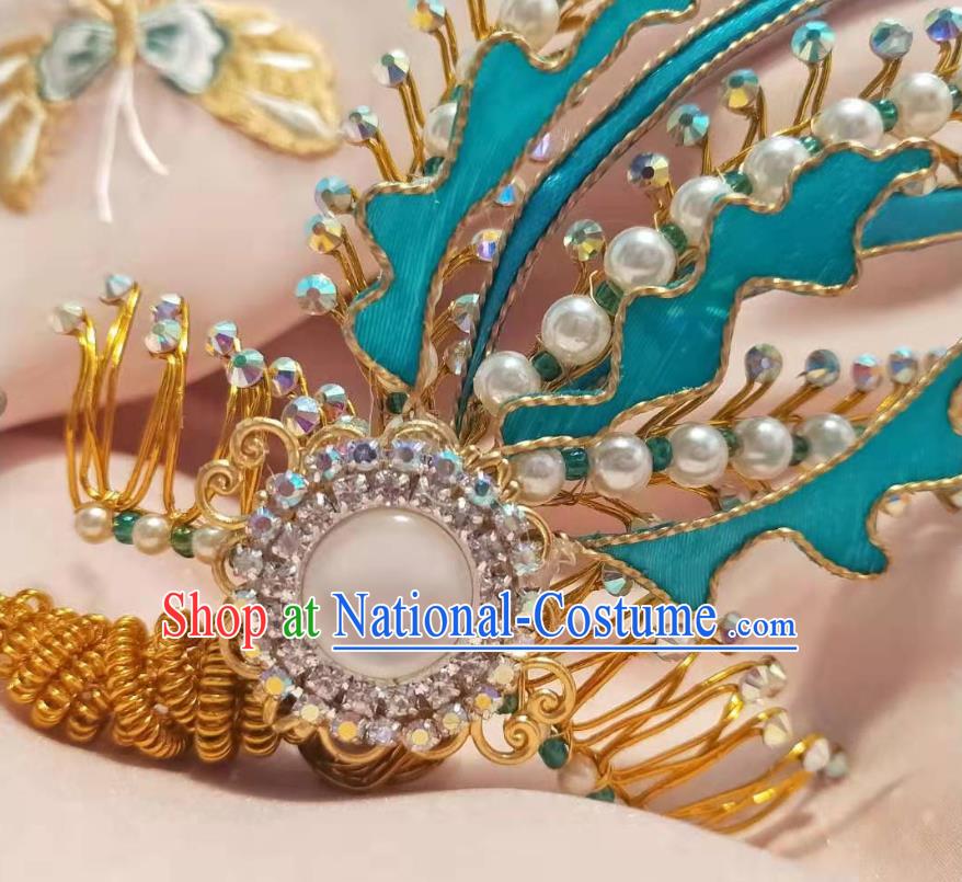 Chinese Ancient Imperial Empress Crystal Phoenix Hairpins Hair Accessories Handmade Ming Dynasty Court Golden Pearls Tassel Hair Crown