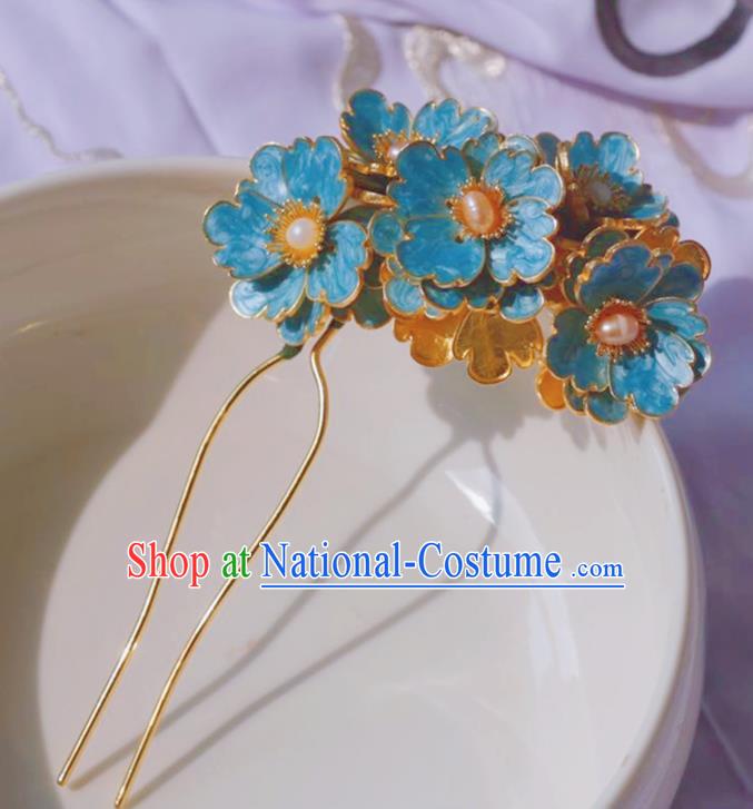 Chinese Ancient Princess Pearls Hairpins Hair Accessories Handmade Ming Dynasty Blueing Plum Flowers Hair Stick