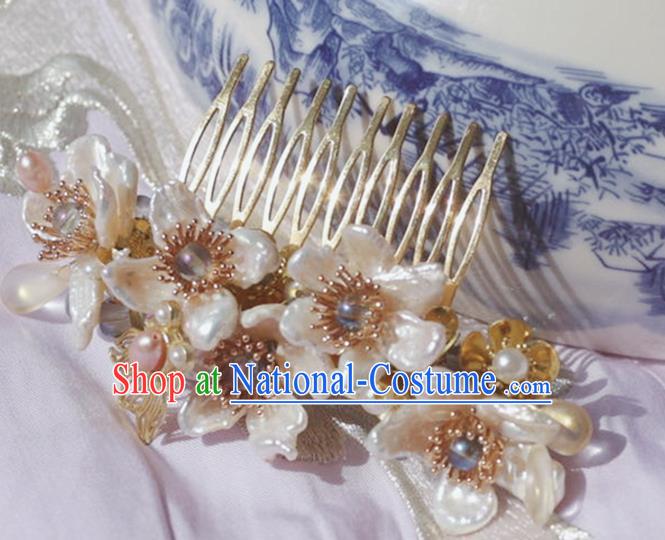 Chinese Ancient Princess Pearls Hairpins Hair Accessories Handmade Ming Dynasty Shell Plum Hair Comb