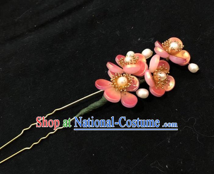 Chinese Ancient Princess Pink Plum Flowers Hairpins Hair Accessories Handmade Ming Dynasty Pearls Blossom Hair Stick