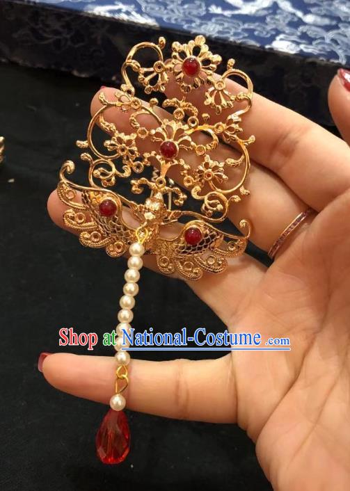 Chinese Ancient Princess Golden Phoenix Hairpins Hair Accessories Handmade Ming Dynasty Palace Tassel Hair Crown