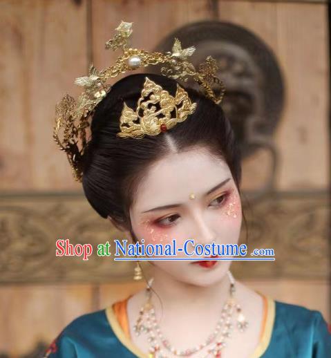 Chinese Ancient Princess Golden Phoenix Coronet Hairpins Hair Accessories Handmade Tang Dynasty Palace Hair Crown