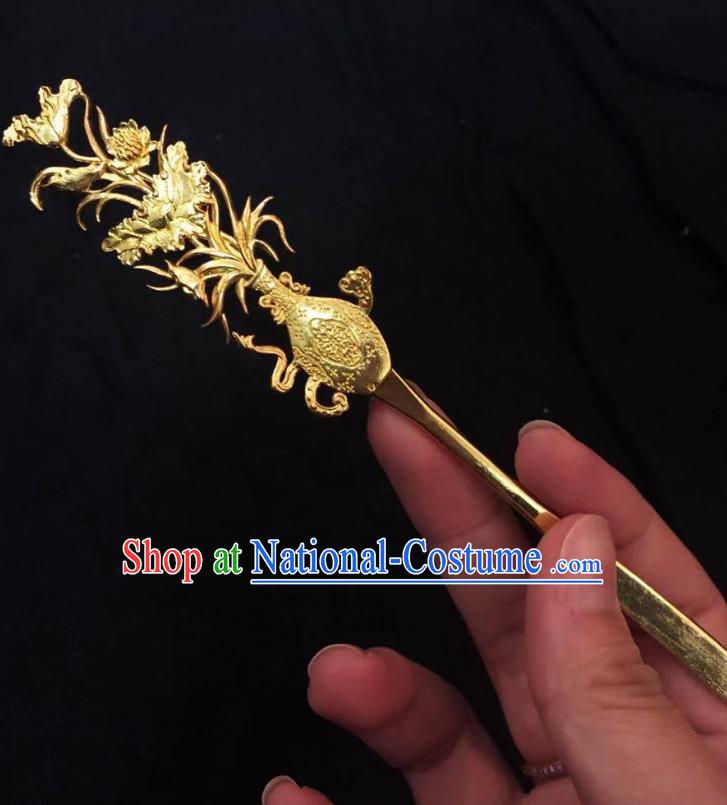 Chinese Ancient Empress Golden Orchid Hairpins Hair Accessories Handmade Ming Dynasty Palace Hair Stick