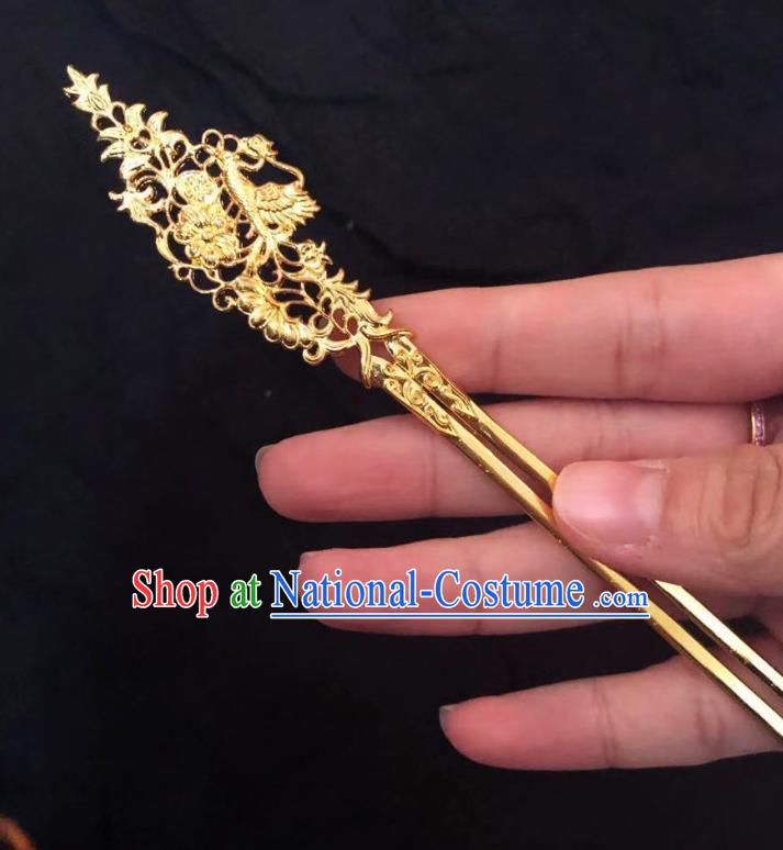 Chinese Ancient Empress Golden Phoenix Hairpins Hair Accessories Handmade Ming Dynasty Palace Hair Stick