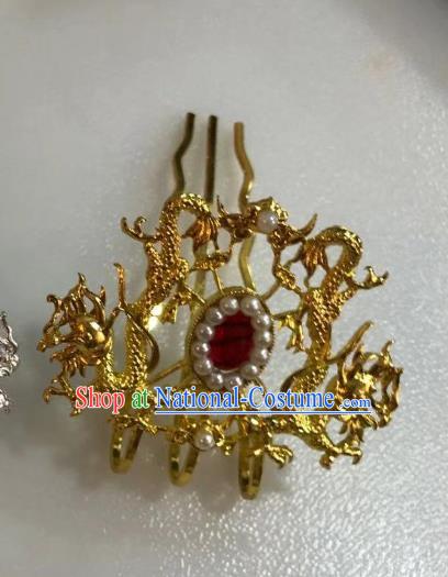 Chinese Ancient Empress Agate Golden Dragons Hair Comb Hairpins Hair Accessories Handmade Ming Dynasty Palace Pearls Hair Crown