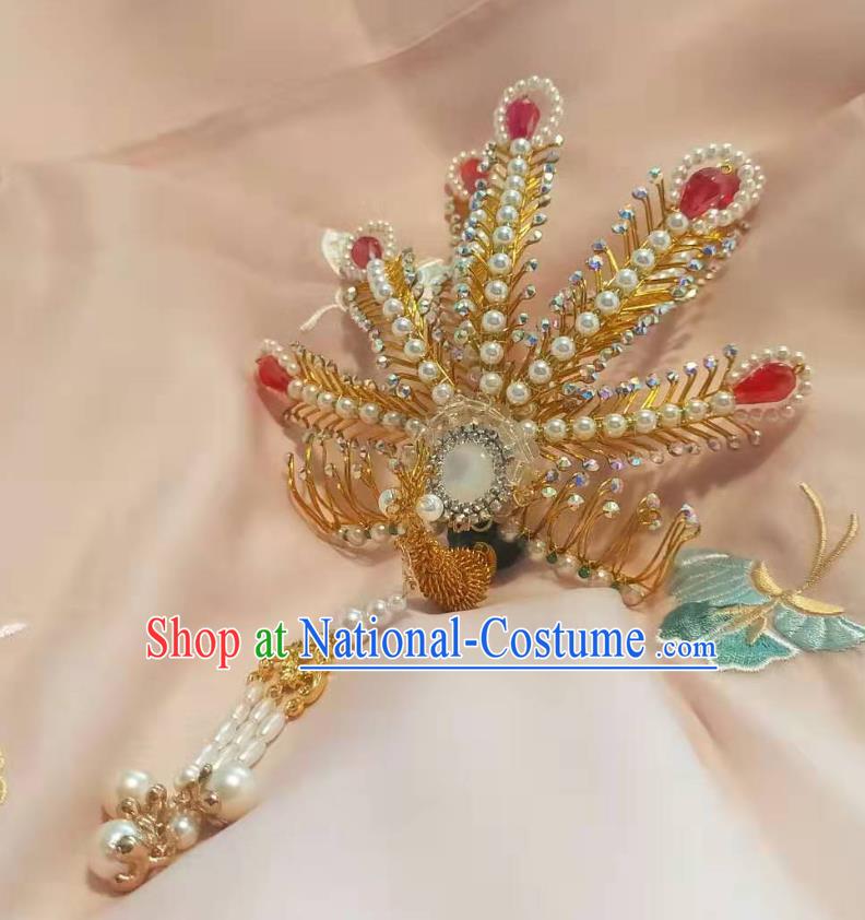 Chinese Ancient Imperial Concubine Beads Tassel Golden Hairpins Hair Accessories Handmade Ming Dynasty Court Red Beads Phoenix Hair Crown