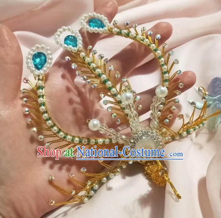 Chinese Ancient Empress Blue Crystal Hair Comb Hairpins Hair Accessories Handmade Ming Dynasty Palace Golden Phoenix Hair Crown