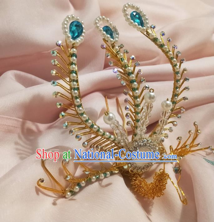 Chinese Ancient Empress Blue Crystal Hair Comb Hairpins Hair Accessories Handmade Ming Dynasty Palace Golden Phoenix Hair Crown