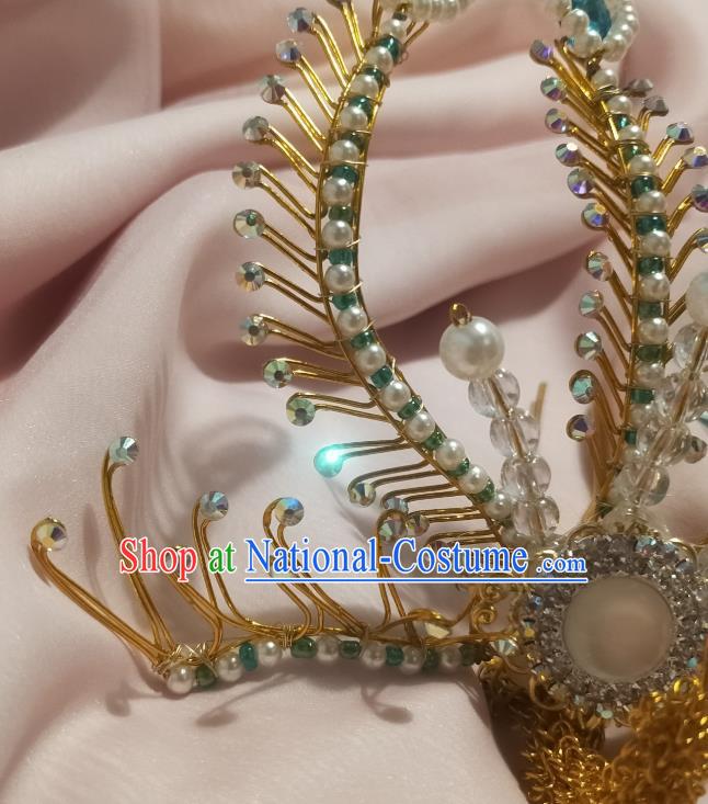 Chinese Ancient Empress Blue Crystal Hair Comb Hairpins Hair Accessories Handmade Ming Dynasty Palace Golden Phoenix Hair Crown