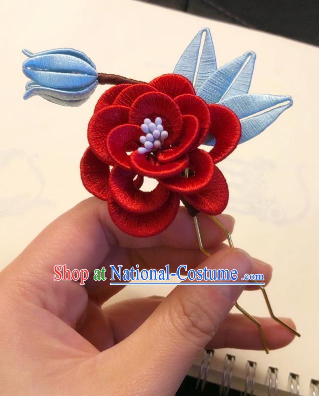 Chinese Ancient Court Lady Red Silk Camellia Hairpins Hair Accessories Handmade Tang Dynasty Blossom Hair Stick