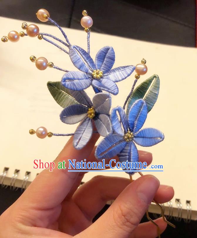 Chinese Ancient Court Lady Pearls Hairpins Hair Accessories Handmade Tang Dynasty Blue Silk Flowers Hair Stick