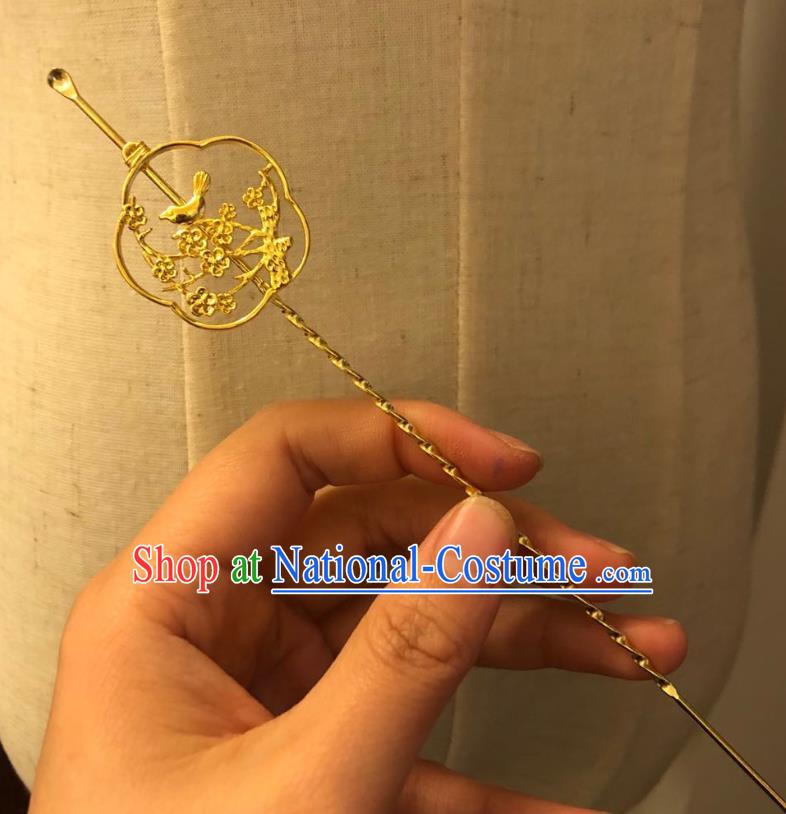 Chinese Ancient Palace Lady Golden Plum Blossom Bird Hairpins Hair Accessories Handmade Ming Dynasty Queen Curette Hair Stick