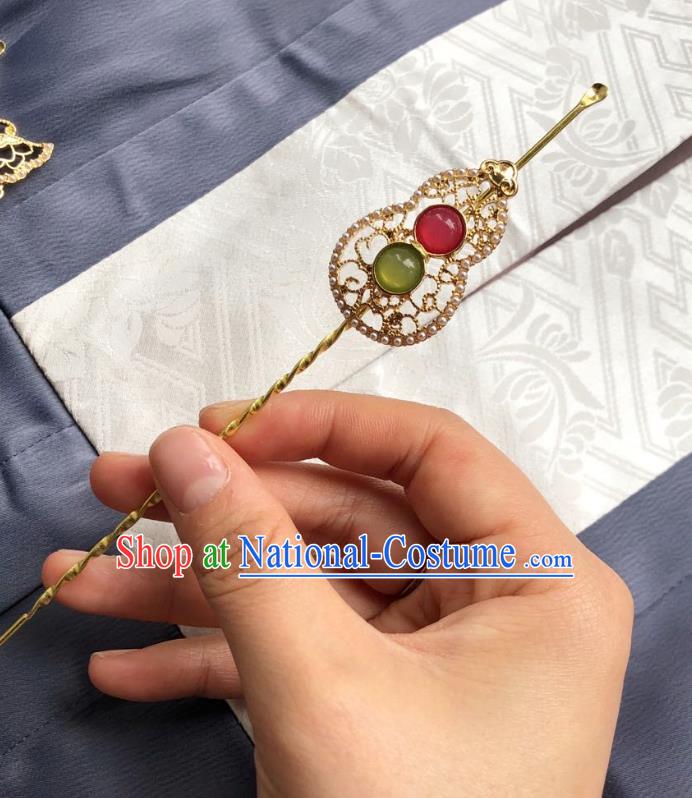 Chinese Ancient Palace Lady Golden Calabash Hairpins Hair Accessories Handmade Ming Dynasty Queen Gems Curette Hair Stick