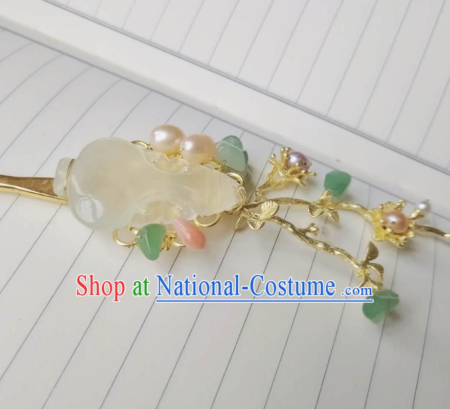 Chinese Ancient Court Women Jade Hairpins Hair Accessories Handmade Qing Dynasty Palace Golden Plum Pearls Hair Stick