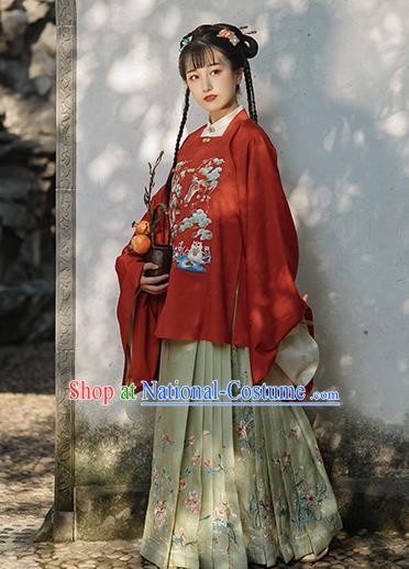 Chinese Ancient Noble Girl Hanfu Apparels Traditional Costumes Ming Dynasty Young Lady Embroidered Red Blouse and Skirt Full Set