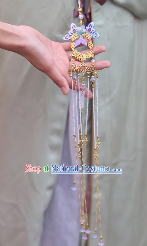 Chinese Classical Handmade Purple Butterfly Tassel Waist Accessories Ancient Princess Hanfu Belt Pendant