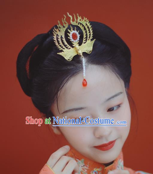 Chinese Ancient Empress Golden Phoenix Hair Crown Hairpins Hair Accessories Handmade Ming Dynasty Palace Pearl Tassel Hair Stick