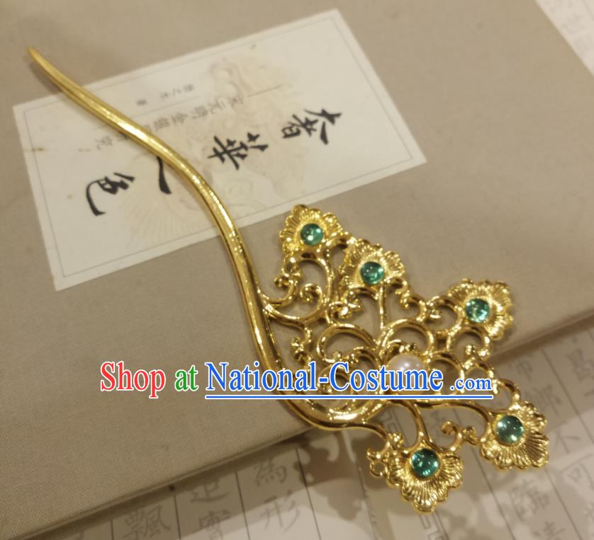 Chinese Ancient Empress Green Crystal Hairpins Hair Accessories Handmade Tang Dynasty Palace Golden Hair Stick