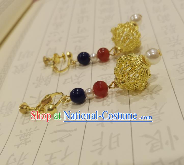 Handmade Chinese Classical Court Queen Eardrop Golden Ear Accessories Ancient Ming Dynasty Empress Hanfu Earrings