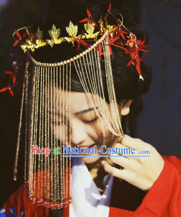 Chinese Classical Wedding Handmade Tassel Face Mask and Headwear Ancient Ming Dynasty Princess Hanfu Hair Accessories Full Set