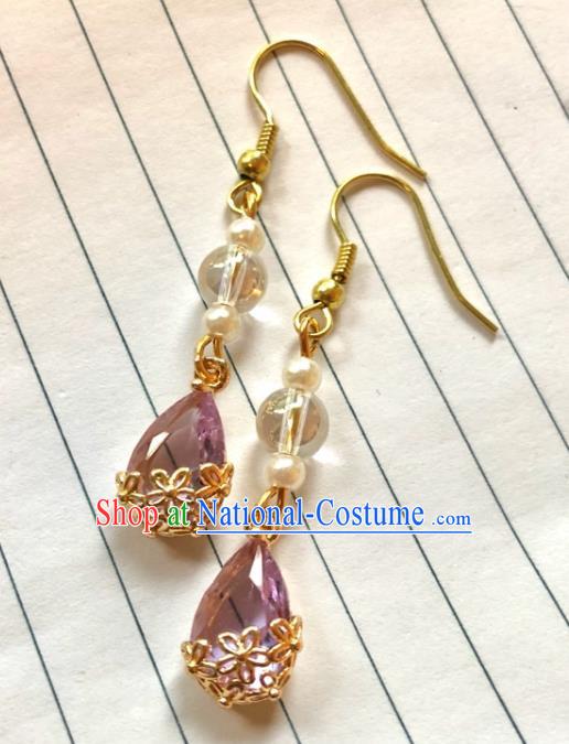 Handmade Chinese Classical Eardrop Ear Accessories Ancient Ming Dynasty Princess Hanfu Purple Crystal Earrings