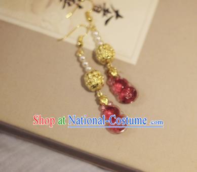 Handmade Chinese Classical Garnet Eardrop Ear Accessories Ancient Ming Dynasty Princess Hanfu Golden Earrings