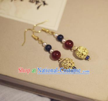 Handmade Chinese Classical Golden Eardrop Ear Accessories Ancient Ming Dynasty Princess Hanfu Garnet Earrings