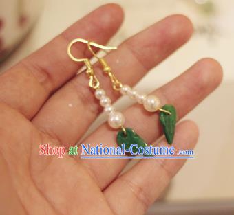 Handmade Chinese Classical Jadeite Leaf Eardrop Ear Accessories Ancient Ming Dynasty Princess Hanfu Pearls Earrings