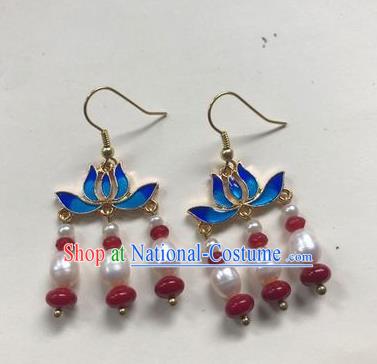 Handmade Chinese Classical Blueing Lotus Eardrop Ear Accessories Ancient Ming Dynasty Princess Hanfu Corallite Earrings