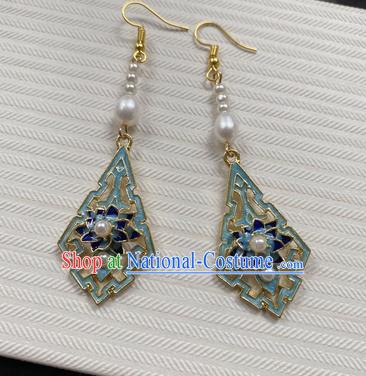 Handmade Chinese Classical Pearl Eardrop Ear Accessories Ancient Ming Dynasty Princess Hanfu Blueing Lotus Earrings