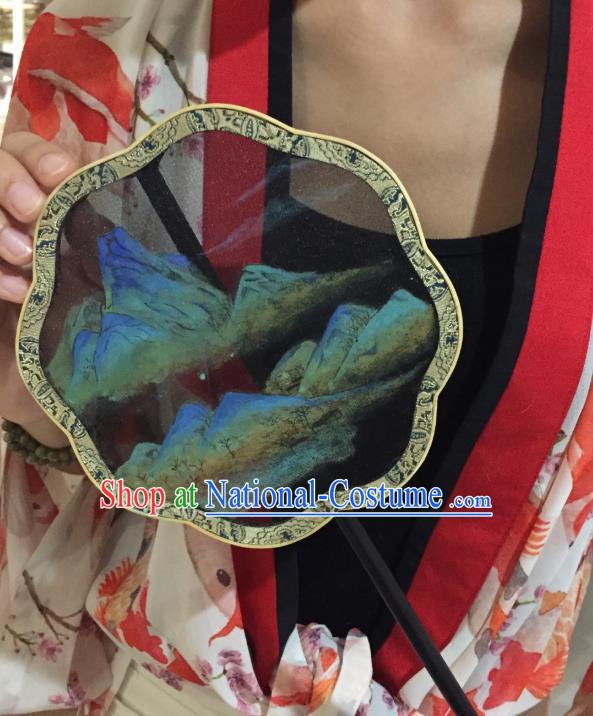 Chinese Classical Fans Handmade Fan Ancient Ming Dynasty Princess Hanfu Landscape Painting Black Silk Palace Fan