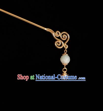 Chinese Ancient Princess Golden Bell Hairpins Hair Accessories Handmade Cheongsam Carving Lotus White Jade Hair Stick