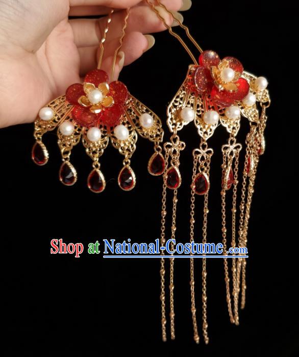 Chinese Ancient Princess Red Plum Blossom Hairpins Hair Accessories Handmade Cheongsam Crystal Tassel Hair Stick