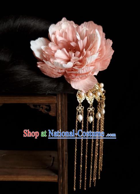 Chinese Ancient Empress Pink Silk Peony Hairpins Hair Accessories Handmade Hanfu Golden Tassel Hair Stick