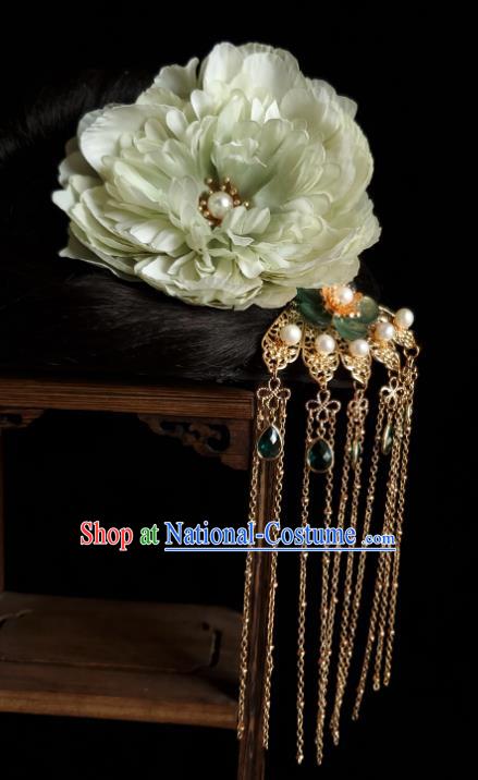 Chinese Ancient Empress Green Silk Peony Hairpins Hair Accessories Handmade Hanfu Golden Tassel Hair Stick